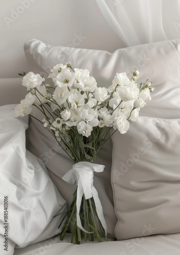 Wrapped blank white label flower bouquet mockup furniture cushion blossom.