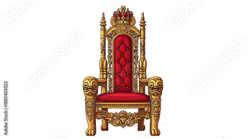 Golden royal throne with red velvet upholstery and a crown topper