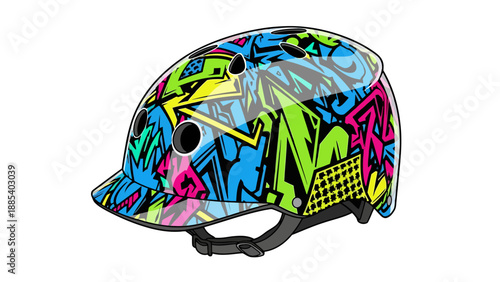Graffitipatterned sports helmet with vents and chin strap