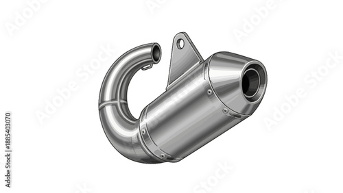 Grayscale rendering of a curved motorcycle exhaust pipe and silencer