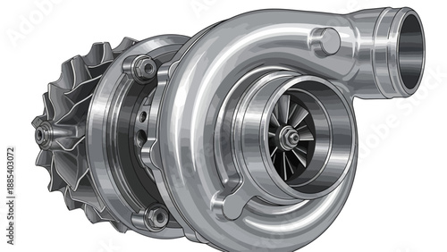 Grayscale 3D rendering of a turbocharger with compressor and turbine wheels