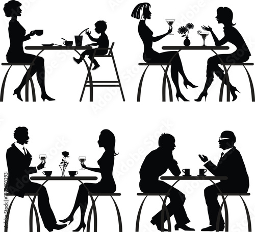 Silhouettes of people dining and drinking at tables