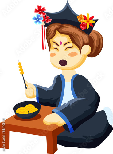 Traditional Chinese Woman Character Eating Tanghulu Fruit Skewers and Noodles