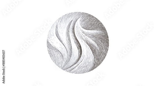 Abstract grayscale illustration of swirling, textured strokes within a rounded frame, evoking motion and depth