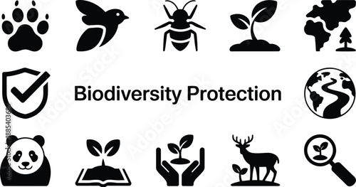A diverse set of black icons illustrating concepts of environmental care and wildlife preservation