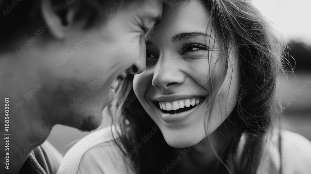 Fototapeta premium Couple selfie moment laughing together, faceless candid, shallow depth of field, side area empty, romantic spontaneity, defocused background, with copy space