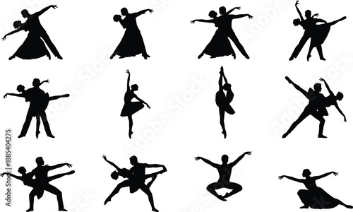 Dance silhouettes set showing ballet and contemporary couples with expressive movement poses, elegant dancer vector illustration collection isolated on white background