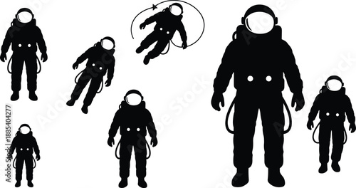 Astronaut silhouettes set featuring spacewalk and floating poses, spaceman in zero gravity, black space exploration vector illustration isolated on white background