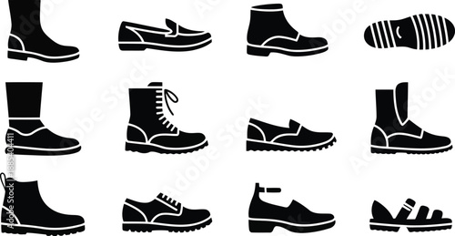 A diverse set of black silhouette icons presenting various footwear styles and distinct shoe sole designs
