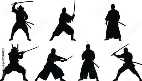 Samurai warrior silhouettes collection featuring katana sword fighting stances and combat poses, traditional Japanese martial arts vector illustration isolated on white background