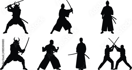 Samurai warrior silhouettes set showing sword fighting stances and duel poses, traditional Japanese katana combat vector illustration isolated on white background