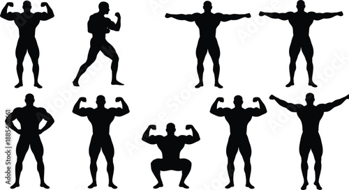 Bodybuilder male silhouettes set showing muscular fitness poses and strength training stances, black bodybuilding vector illustration isolated on white background