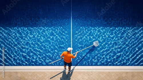 Top view of a pool maintenance worker skimming a blue tiled swimming pool, clean water patterns and summer service concept.