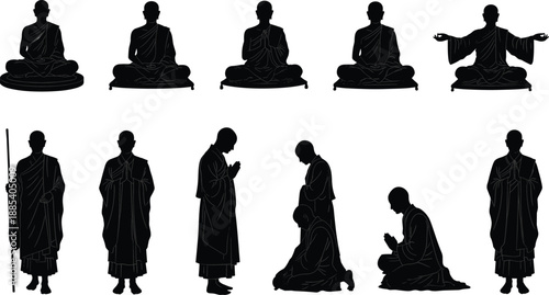 Buddhist monk silhouette set, meditation prayer and teaching poses, spiritual zen practice scenes, traditional religious robes, isolated black vector illustration collection
