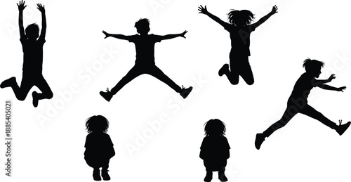 Children jumping silhouette set, playful kids action poses, happy childhood movement scenes, energetic joy and freedom concept, isolated black vector illustration