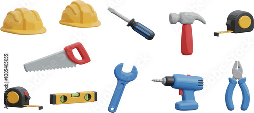 3D Construction Tools Icons – Builder, Engineer, Toolbox Vector Set