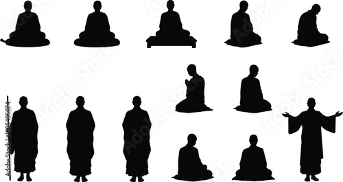 Buddhist monk silhouette collection, meditation and prayer poses, spiritual zen practice scenes, traditional religious robes, isolated black vector illustration set