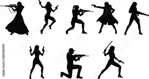 Female action hero silhouette set, armed women with guns and swords, combat fighting poses, spy warrior characters, isolated black vector illustration collection