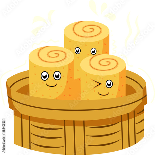 Traditional Chinese Steamed Flower Rolls in Bamboo Steamer