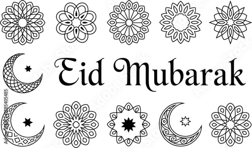 Eid mubarak greeting with floral crescent moon designs