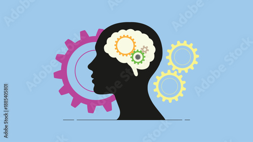 Human brain with gears, mechanical mind in head, cog wheel rotation on blue background, technology and innovation