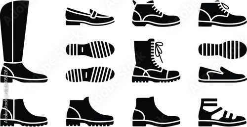 A large collection of black silhouette icons showcasing various types of footwear and detailed shoe soles