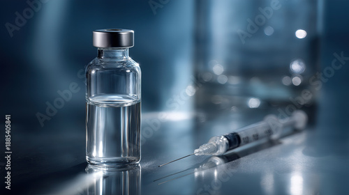 Medical syringe positioned beside glass vial containing injectable pharmaceutical solution.