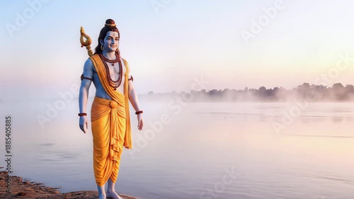A serene spiritual depiction of a revered divine figure by a tranquil river at sunrise, embodying peace and devotion, perfect for celebrating the auspicious festival of Ram Navami