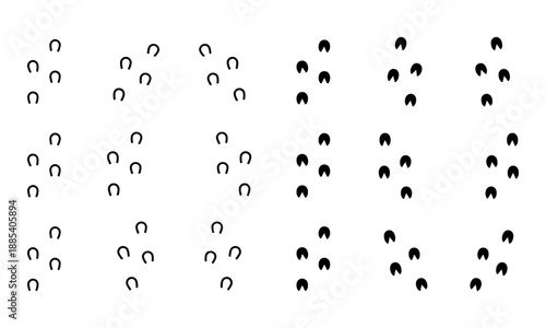 Horse hoof prints and horseshoe tracks set on transparent background. Vector graphics for equestrian branding, ranch and stable signage, farrier service marketing, and educational materials