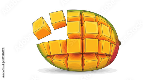 Illustration of a cubed mango partially removed from the skin