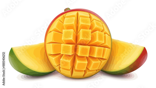 Illustration of a cubed mango half flanked by two mango slices on white