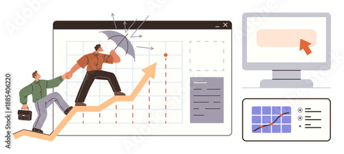 Business strategy, risk management, teamwork, data analytics, progress tracking, digital tools. Two figures climbing an arrow chart. Business growth and risk management