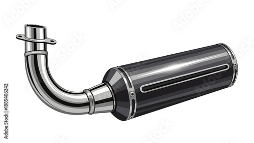 Illustration of a curved chrome pipe connected to a dark cylindrical motorcycle muffler