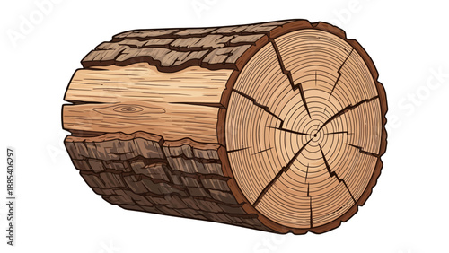 Illustration of a cut wooden log with bark and visible growth rings