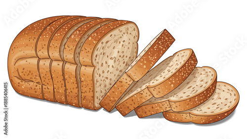 Illustration of a partially sliced loaf of whole grain bread on a white background