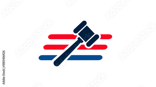 Graphic with a gavel superimposed on red and blue horizontal bars