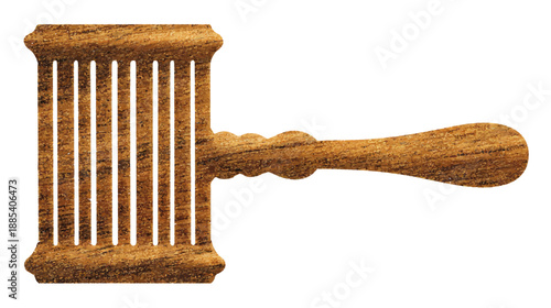 A textured illustration of a wooden gavel with a distinctive handle and striking head