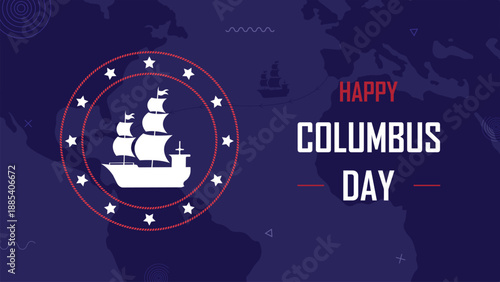 Happy Columbus Day, celebrate Christopher Columbus discovering America, USA flag color combination, old marine navy ship