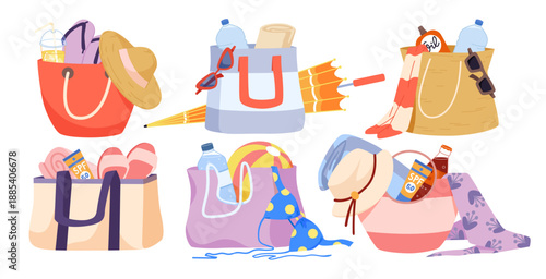 Various beach bags filled with summer accessories like towels, sunscreen, hats, sunglasses, water bottles, and swimsuits, representing vacation and relaxation isolated vector illustration