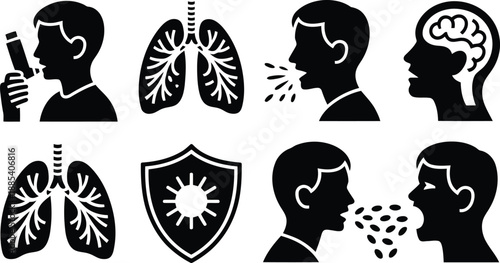 A series of black silhouette medical icons depicting respiratory health, illness, and brain function