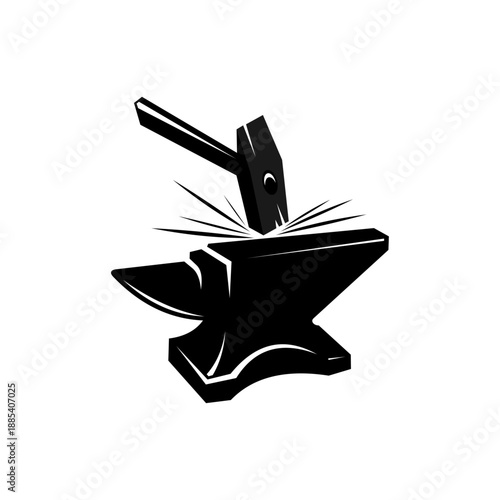 Hammer and anvil image. Black metalworking. Vintage blacksmith label.