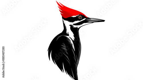 Graphic illustration of a bird, showcasing black and white plumage with a vibrant red crest