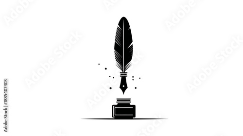 A black and white illustration of a quill pen above an open ink bottle with ink drops