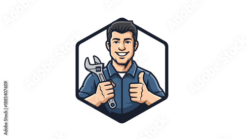Smiling male mechanic holding a wrench and giving a thumbs up in a hexagonal frame.