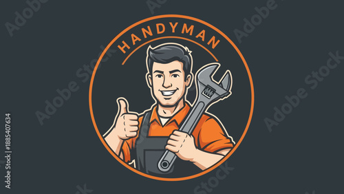 Smiling Handyman with Wrench Giving Thumbs Up.
