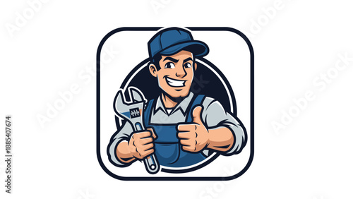 Smiling Mechanic with Wrench and Thumbs Up in Cartoon Style.
