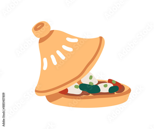 Tagine dish with lid. Traditional Moroccan conical ceramic pot with hot stew vegetable meal serving. Morocco North African ethnic food in tajine. Flat vector illustration isolated on white background