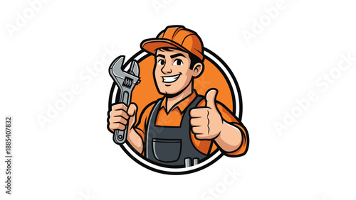 Smiling Mechanic with Wrench Giving Thumbs Up in Circular Emblem.
