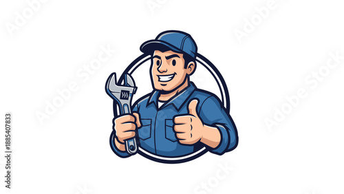 Smiling Mechanic with Wrench Giving Thumbs Up in Circle Logo.