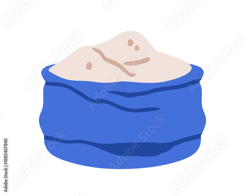 Wheat flour bag. Open pack with semolina grains. Storage sack with natural milled powder, powdery ingredient for baking and cooking. Flat vector illustration isolated on white background